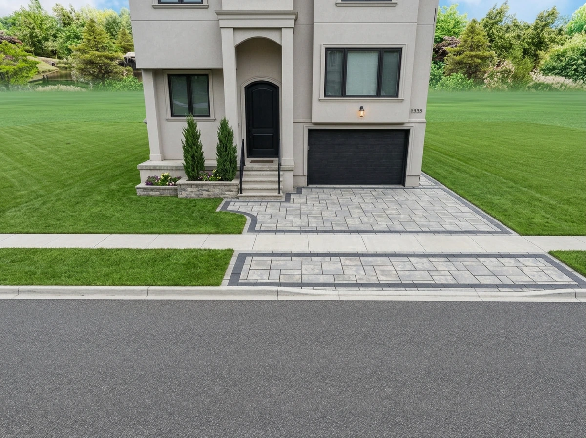 Front elevation render of 56 Larkmead Crescent with new interlock driveway