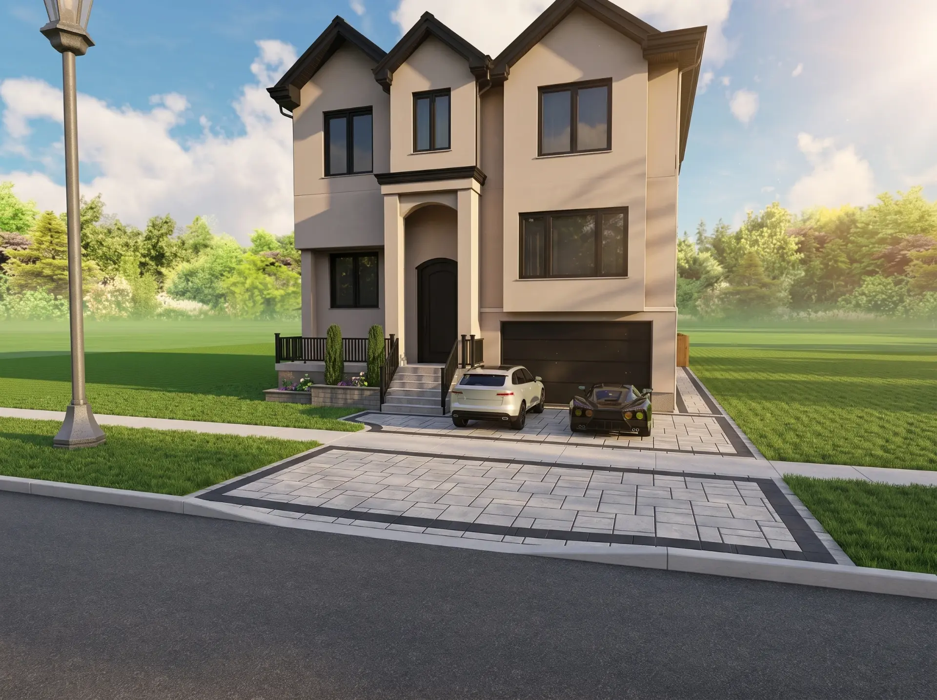 Front elevation render of 56 Larkmead Crescent with new interlock driveway